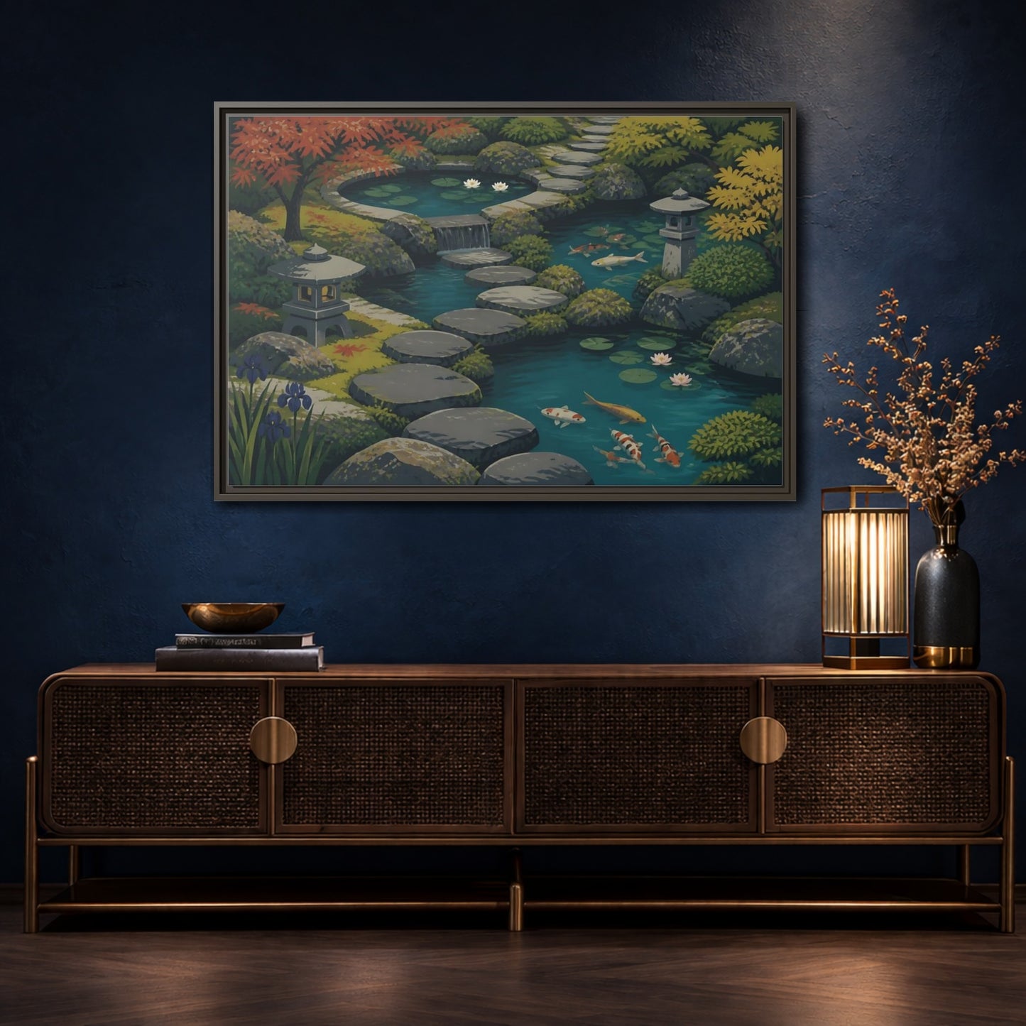 Mockup 4. Koi Pond Stepping Stones shown as framed canvas print