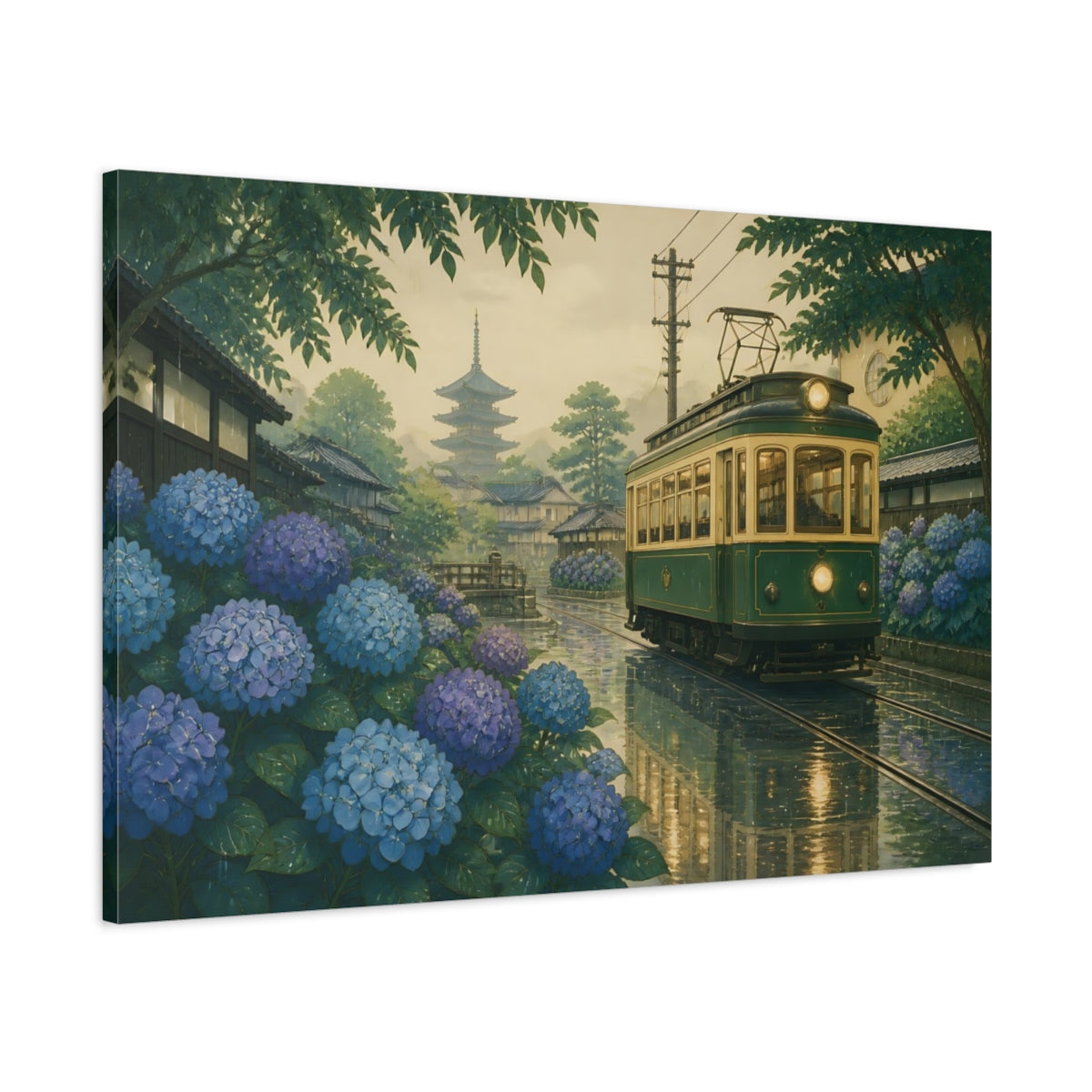 Main Mockup. Kyoto Hydrangea Tram shown as canvas print