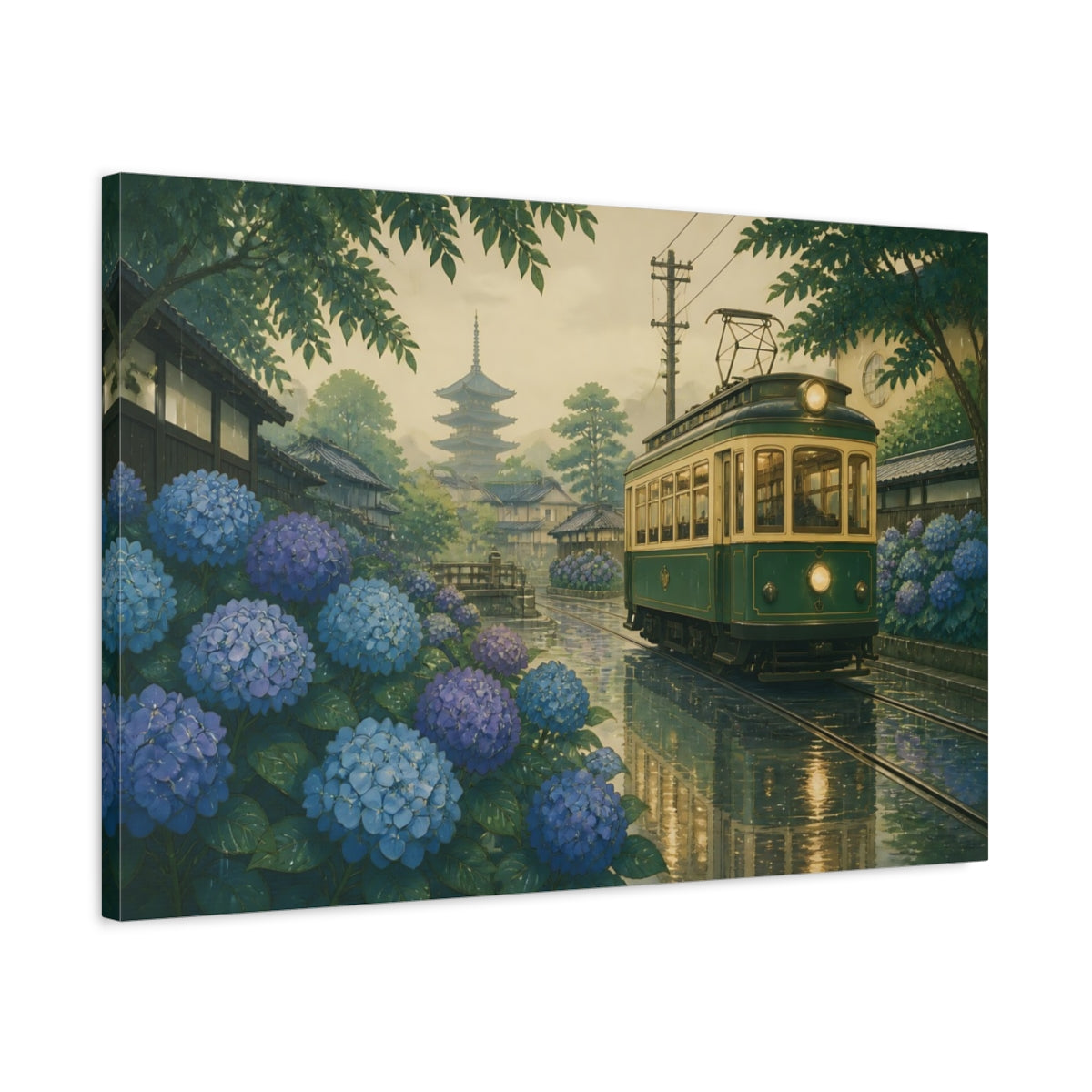 Side Mockup 2. Kyoto Hydrangea Tram shown as canvas print