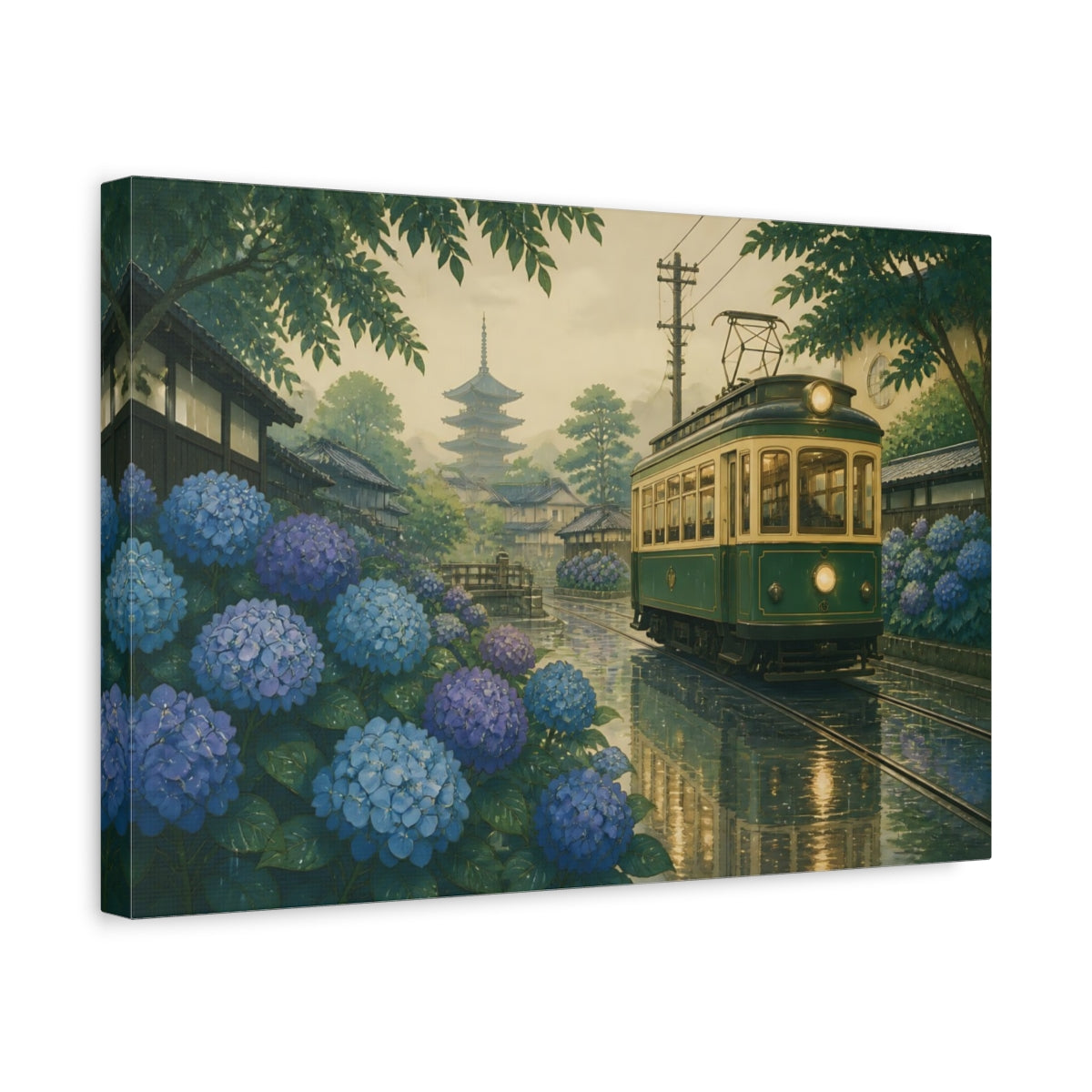 Side Mockup 4. Kyoto Hydrangea Tram shown as canvas print