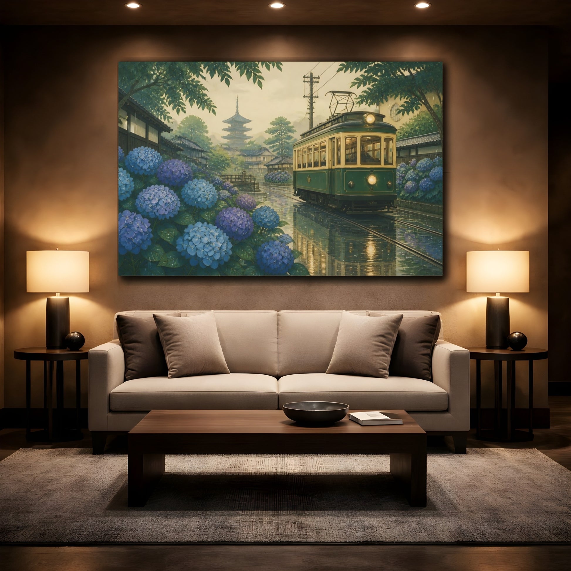 Mockup 2. Kyoto Hydrangea Tram shown as canvas print