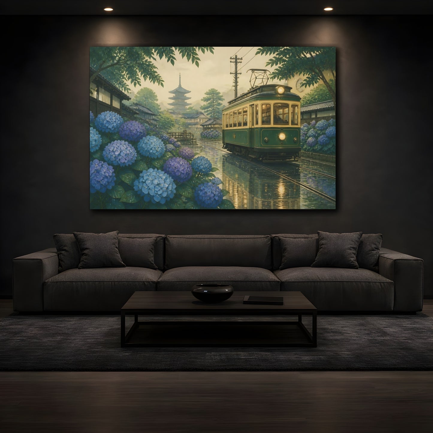 Mockup 3. Kyoto Hydrangea Tram shown as canvas print