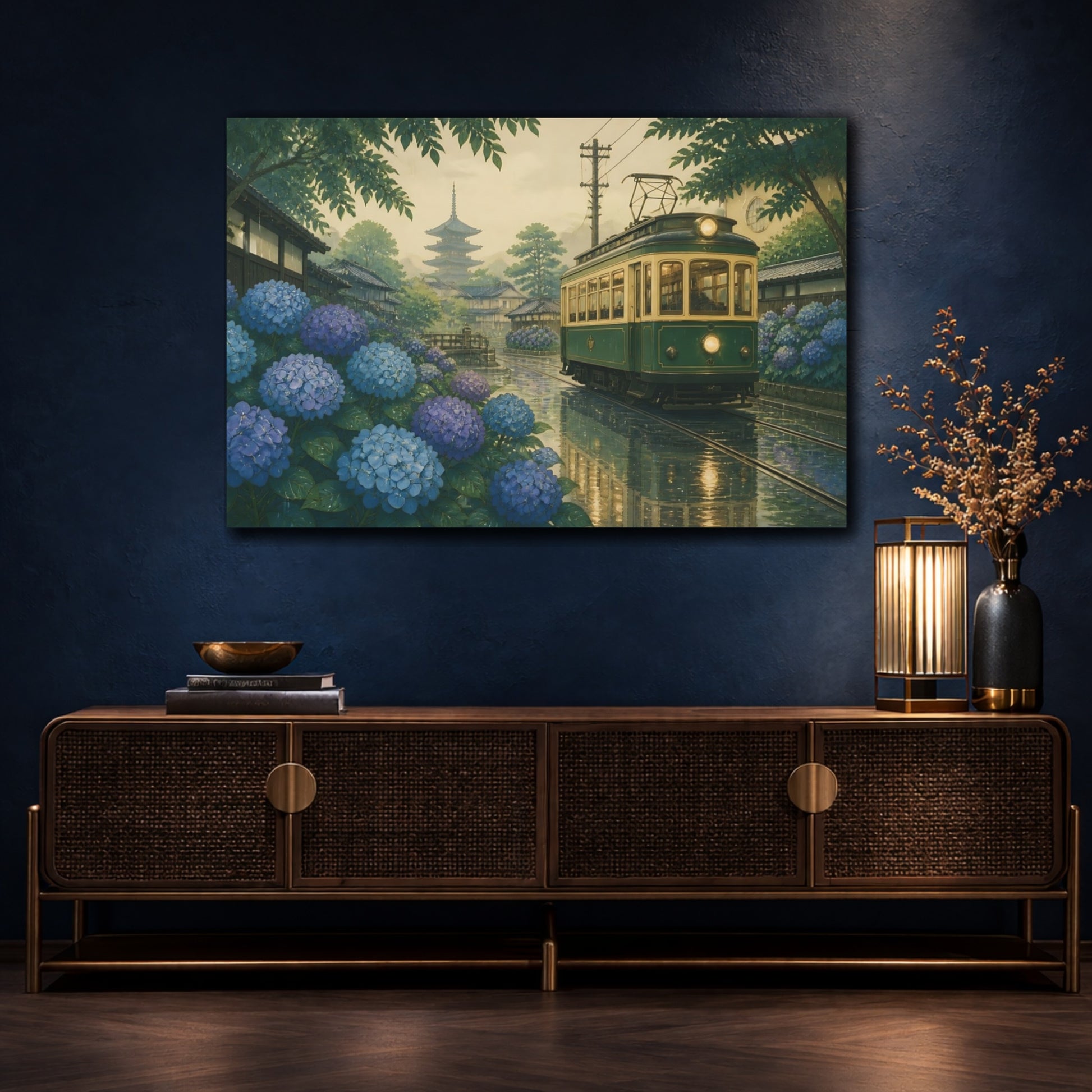 Mockup 4. Kyoto Hydrangea Tram shown as canvas print
