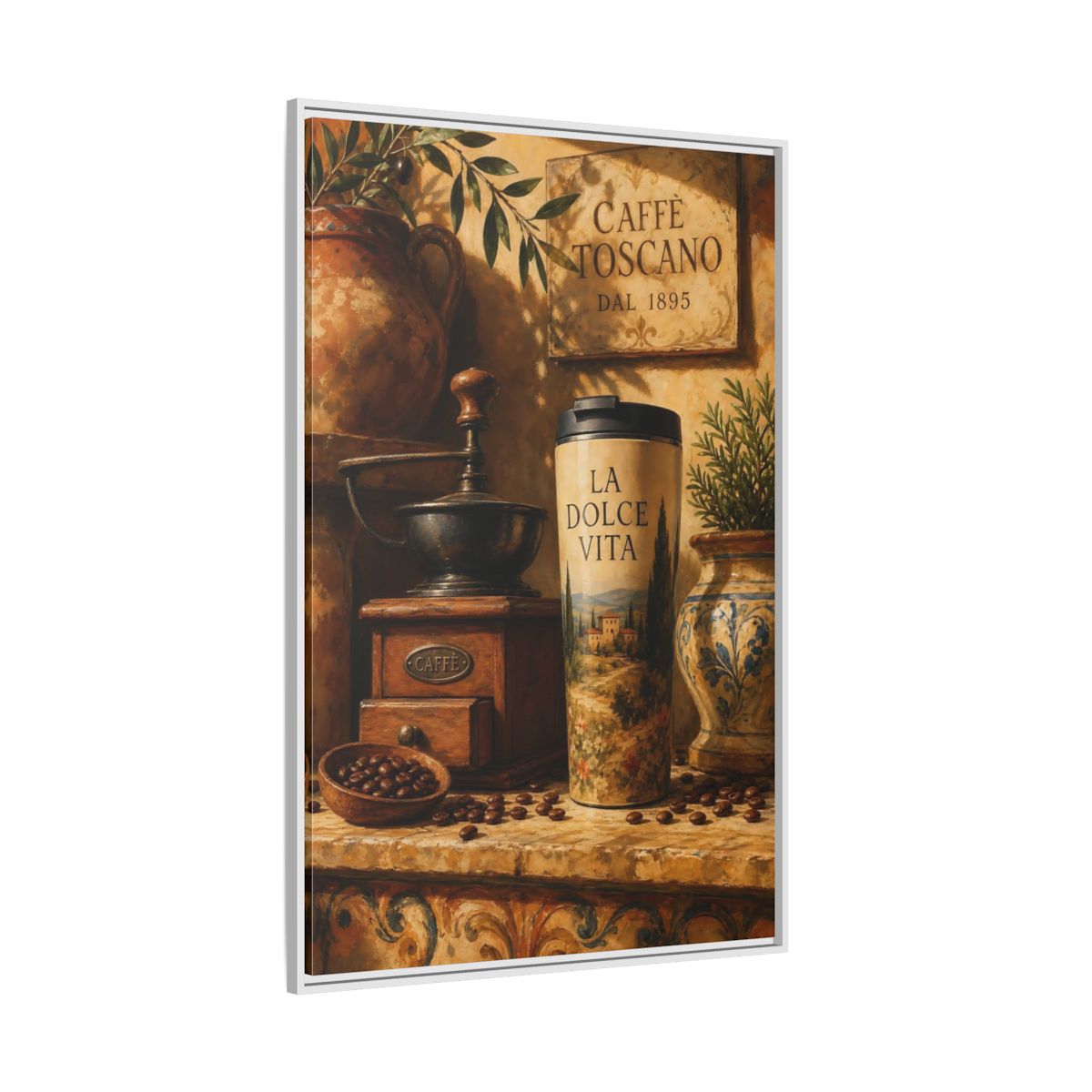 Side Mockup 7. La Dolce Vita Coffee shown as framed canvas print