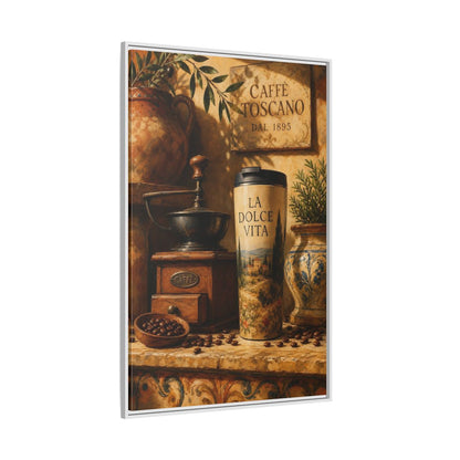 Side Mockup 7. La Dolce Vita Coffee shown as framed canvas print