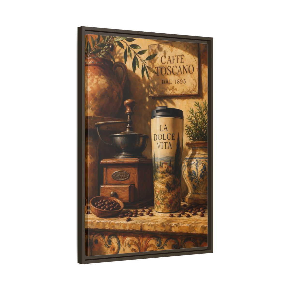 Side Mockup 11. La Dolce Vita Coffee shown as framed canvas print