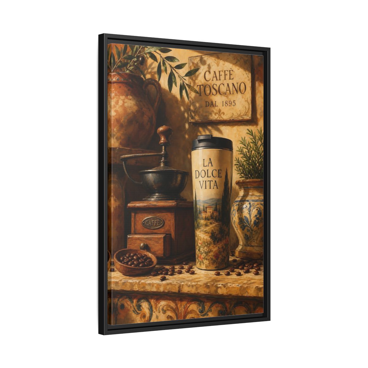 Side Mockup 14. La Dolce Vita Coffee shown as framed canvas print