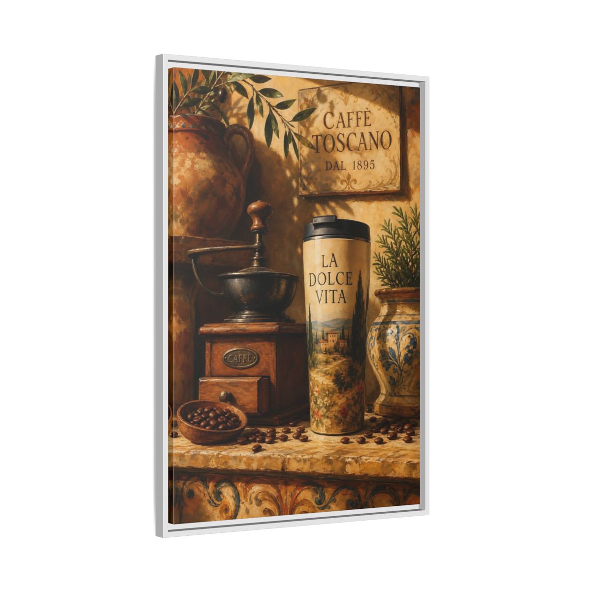 Side Mockup 9. La Dolce Vita Coffee shown as framed canvas print