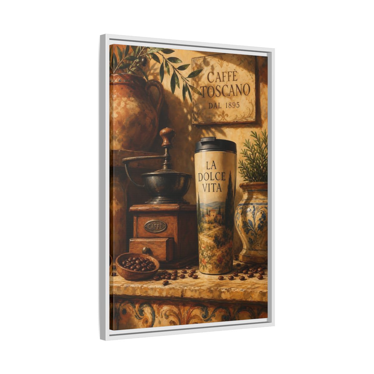 Side Mockup 10. La Dolce Vita Coffee shown as framed canvas print