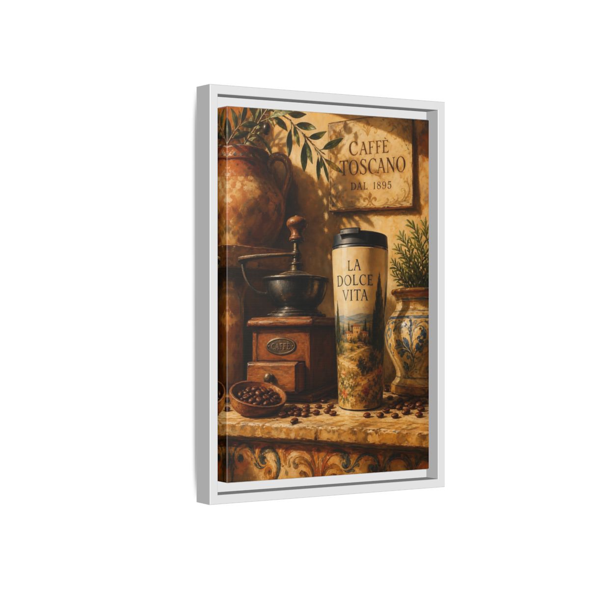 Side Mockup 4. La Dolce Vita Coffee shown as framed canvas print