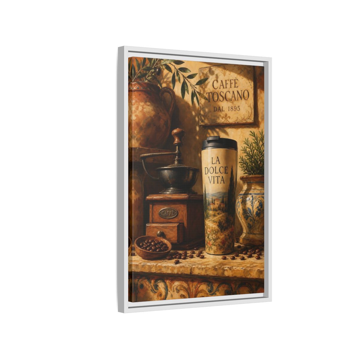 Side Mockup 1. La Dolce Vita Coffee shown as framed canvas print