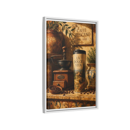 Side Mockup 1. La Dolce Vita Coffee shown as framed canvas print