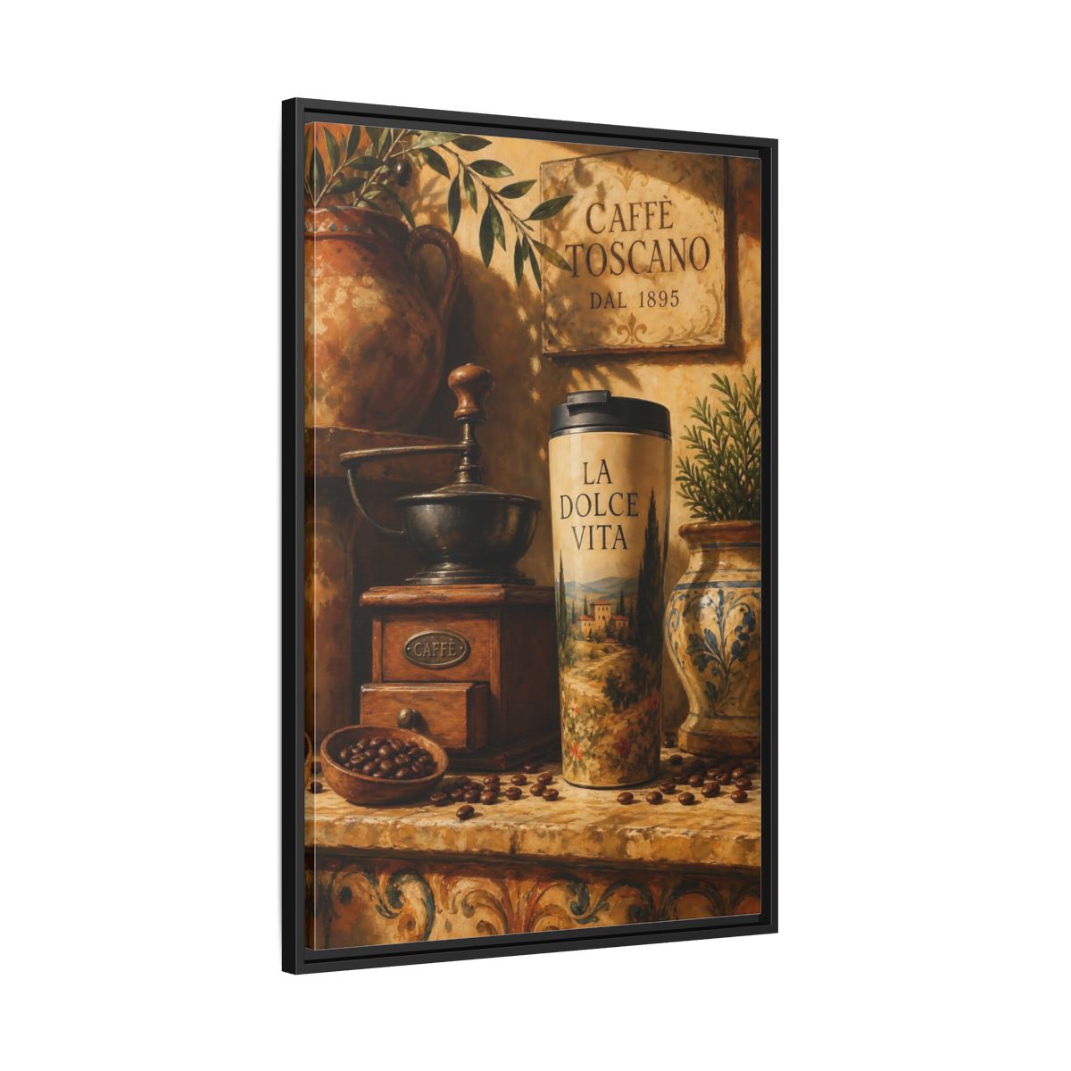 Side Mockup 13. La Dolce Vita Coffee shown as framed canvas print