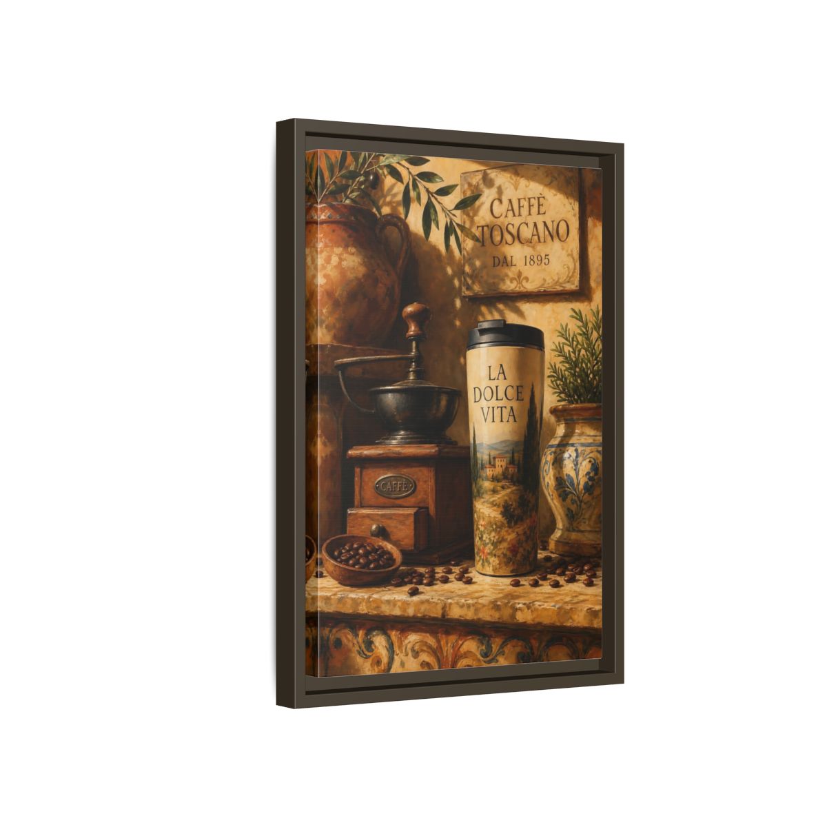 Side Mockup 5. La Dolce Vita Coffee shown as framed canvas print