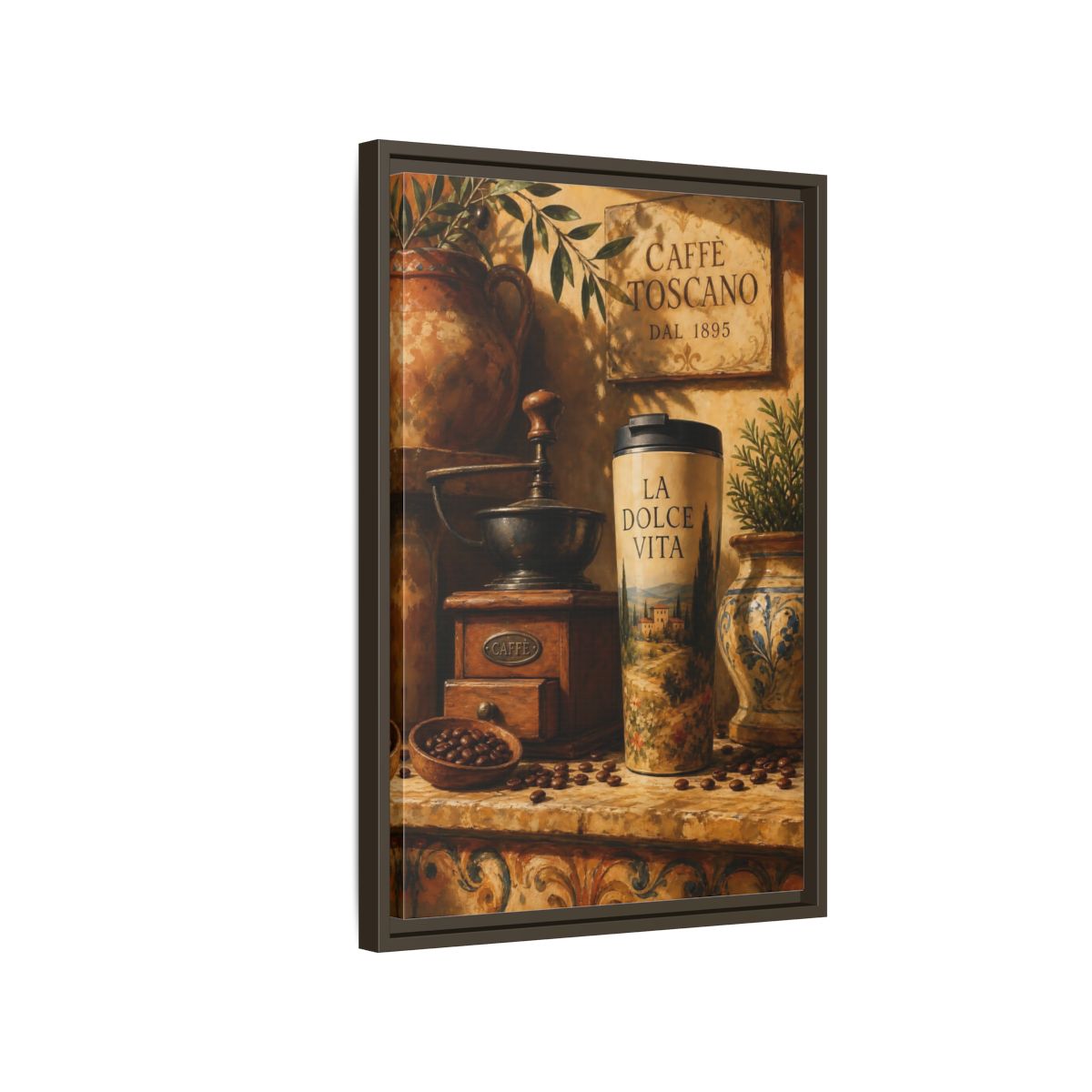 Side Mockup 2. La Dolce Vita Coffee shown as framed canvas print