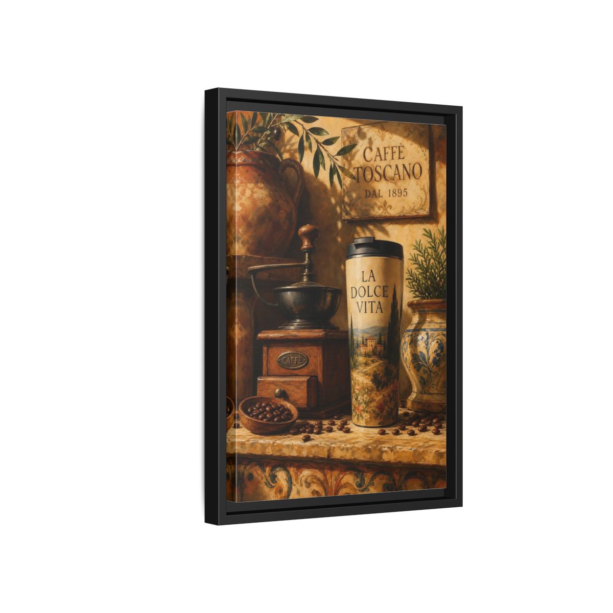 Side Mockup 6. La Dolce Vita Coffee shown as framed canvas print