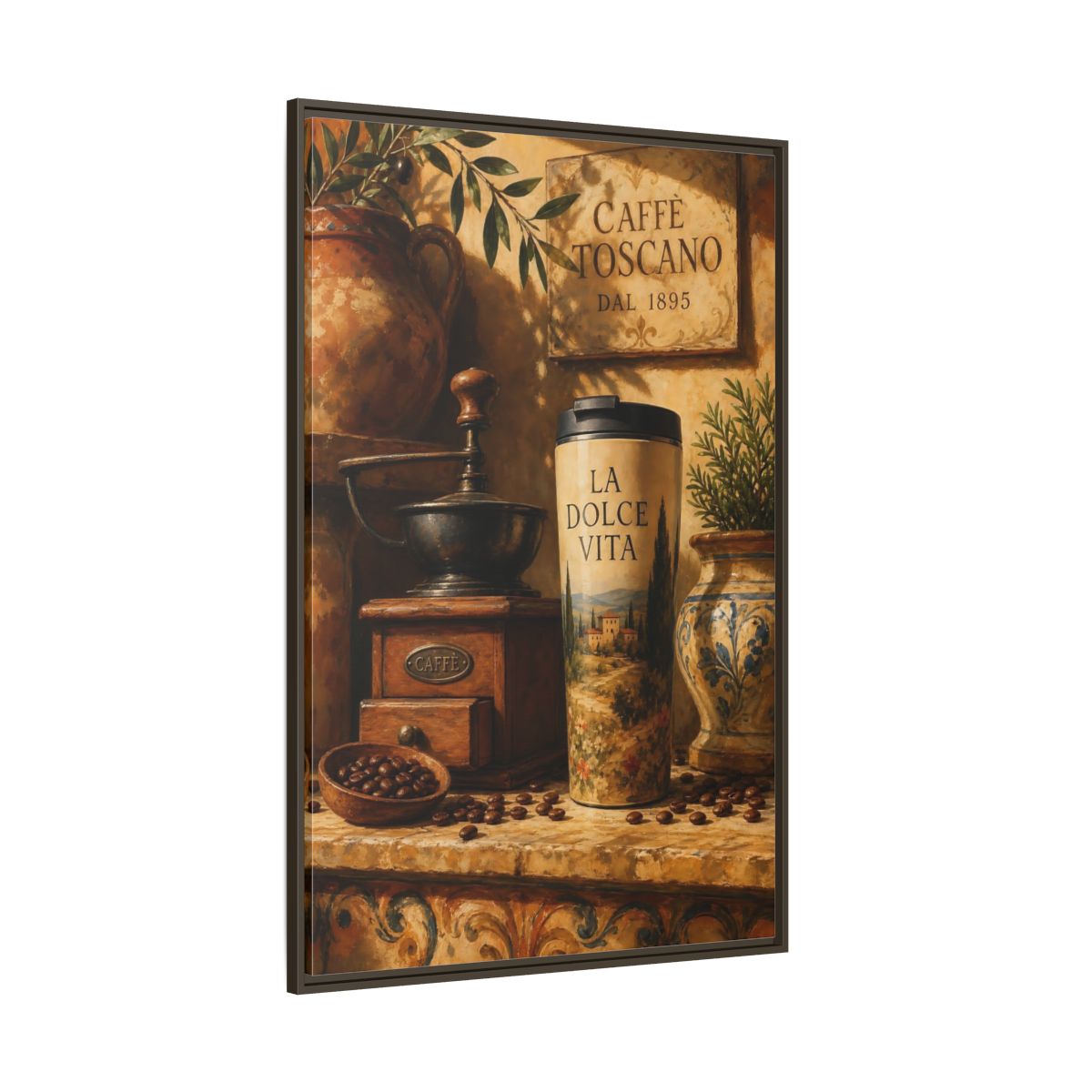 Side Mockup 8. La Dolce Vita Coffee shown as framed canvas print