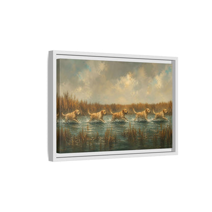 Side Mockup 4. Labradors In Water shown as framed canvas print