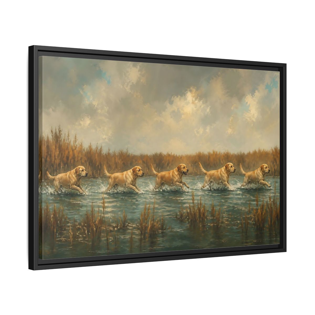 Side Mockup 14. Labradors In Water shown as framed canvas print