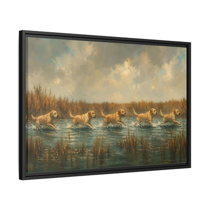 Side Mockup 14. Labradors In Water shown as framed canvas print