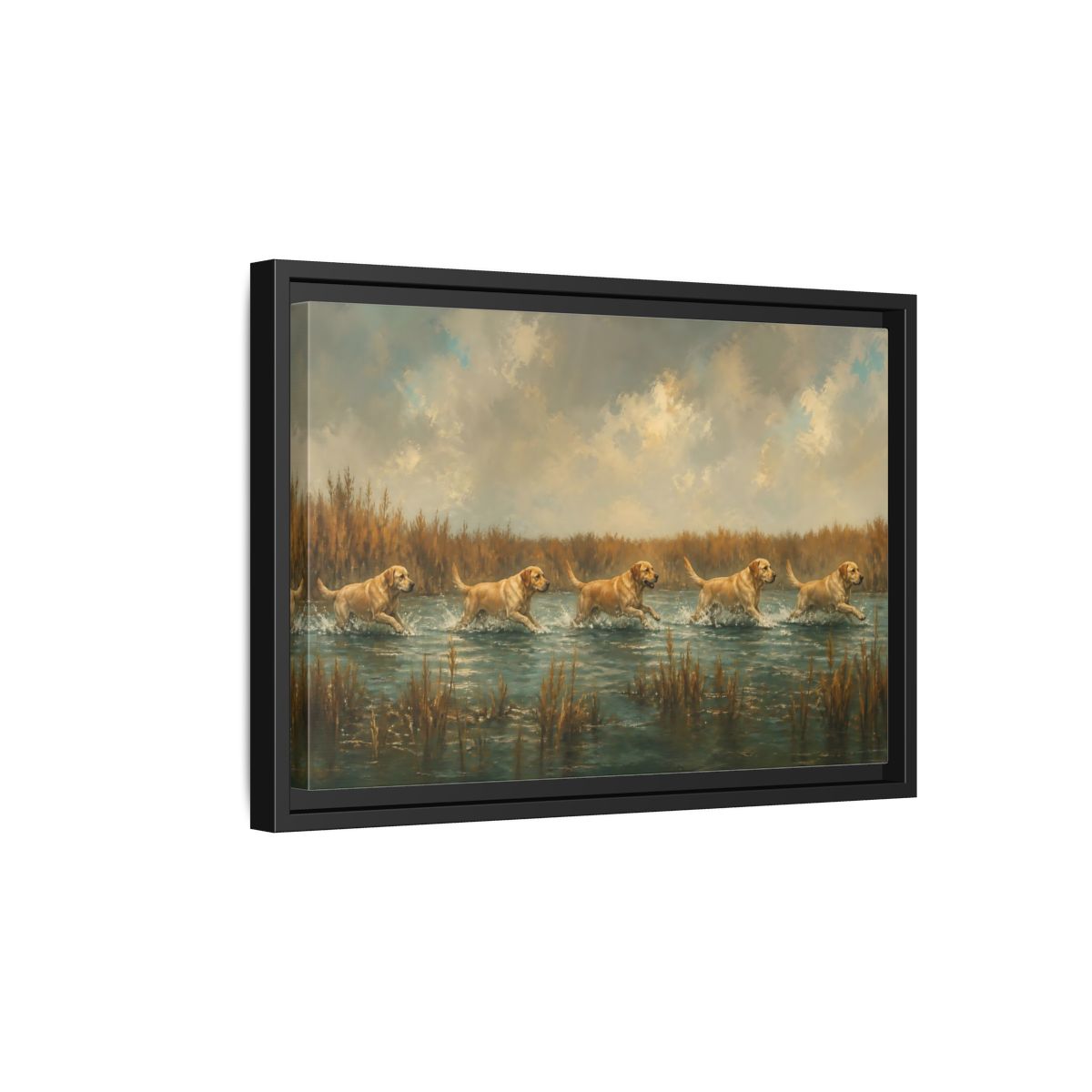 Side Mockup 6. Labradors In Water shown as framed canvas print