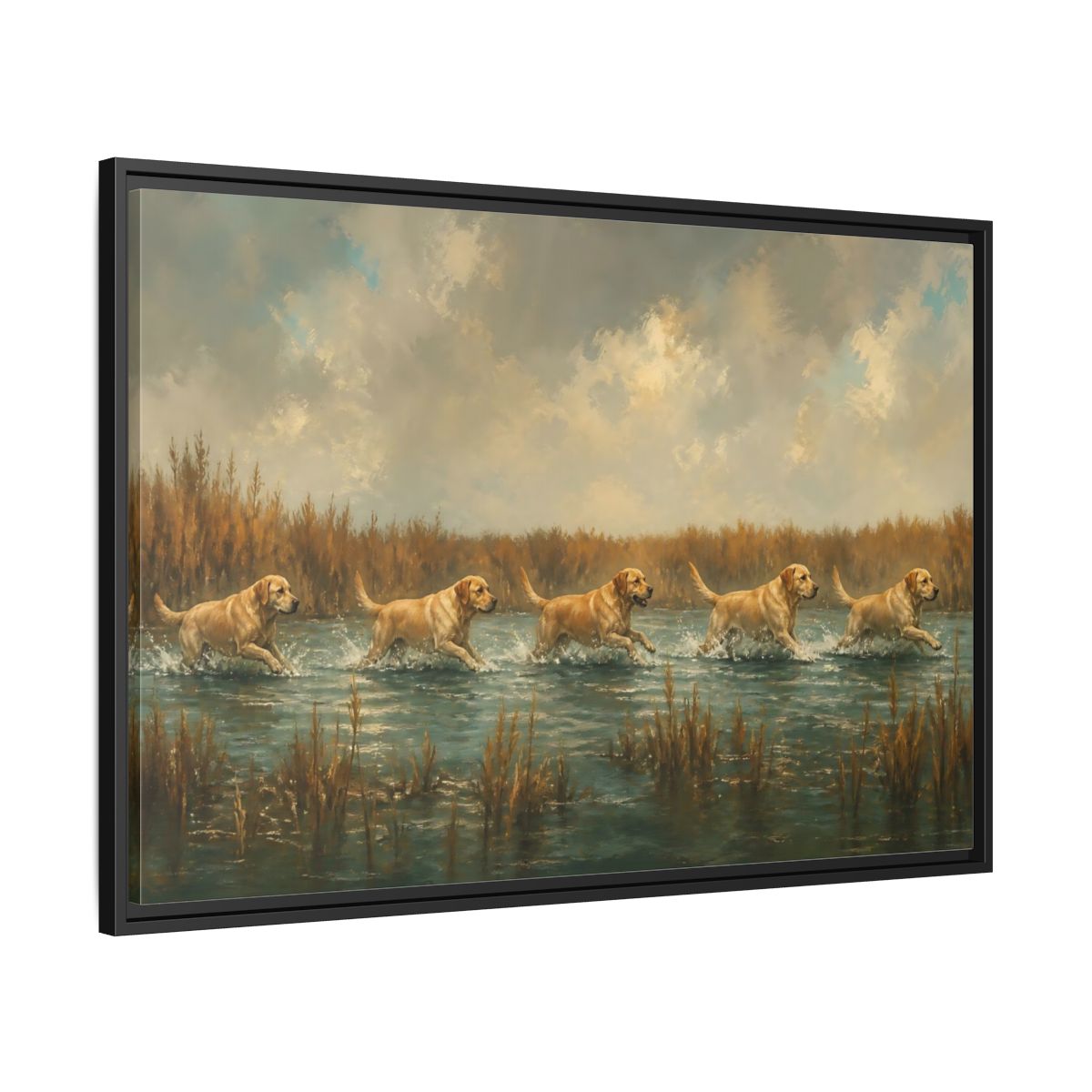 Side Mockup 13. Labradors In Water shown as framed canvas print