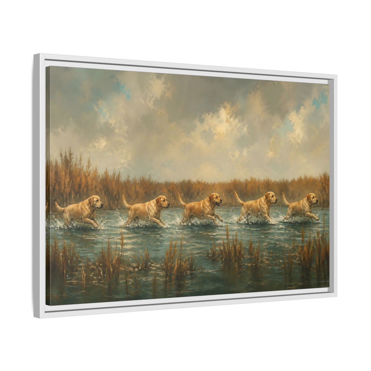 Side Mockup 10. Labradors In Water shown as framed canvas print