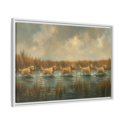 Side Mockup 10. Labradors In Water shown as framed canvas print