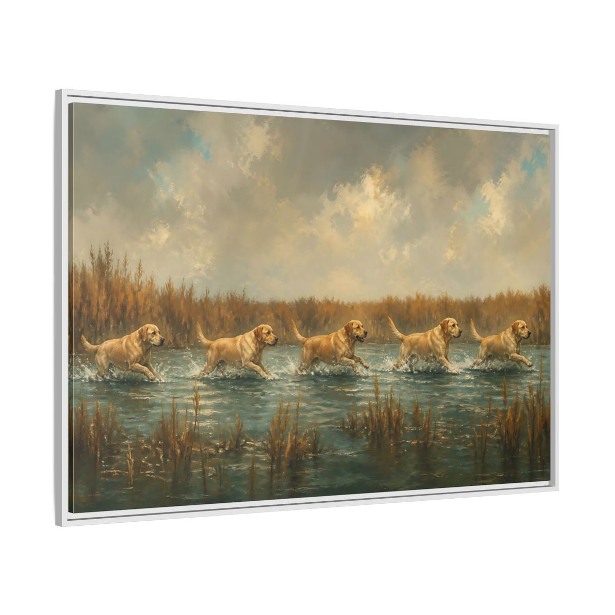 Side Mockup 7. Labradors In Water shown as framed canvas print