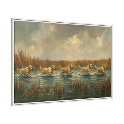 Side Mockup 7. Labradors In Water shown as framed canvas print