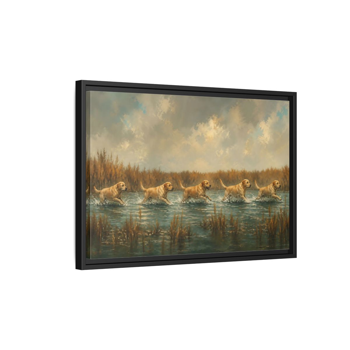 Side Mockup 3. Labradors In Water shown as framed canvas print
