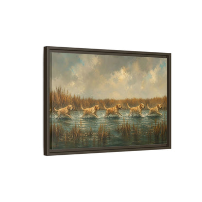 Side Mockup 2. Labradors In Water shown as framed canvas print