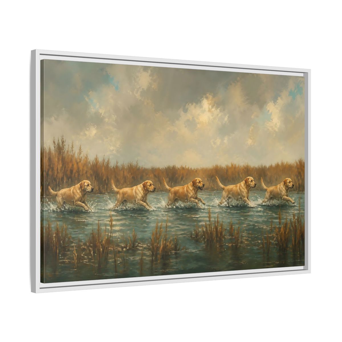 Side Mockup 9. Labradors In Water shown as framed canvas print