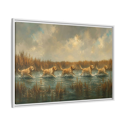 Side Mockup 9. Labradors In Water shown as framed canvas print