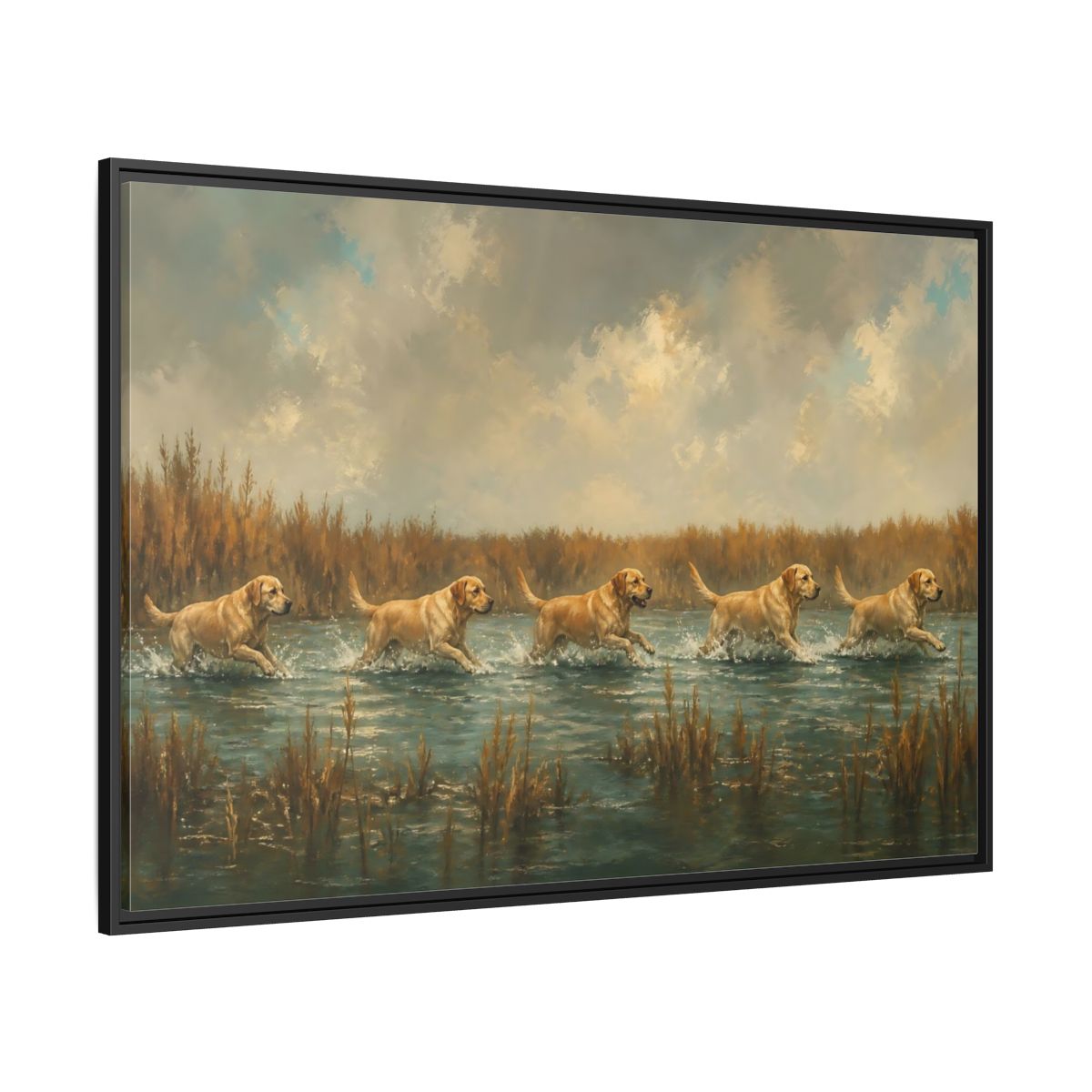 Side Mockup 12. Labradors In Water shown as framed canvas print