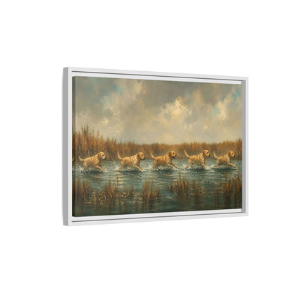 Side Mockup 1. Labradors In Water shown as framed canvas print