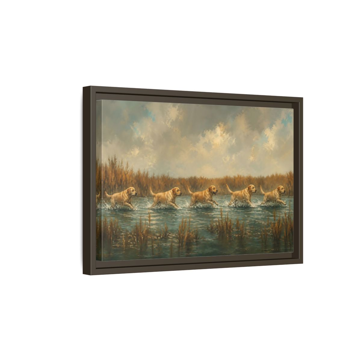 Side Mockup 5. Labradors In Water shown as framed canvas print