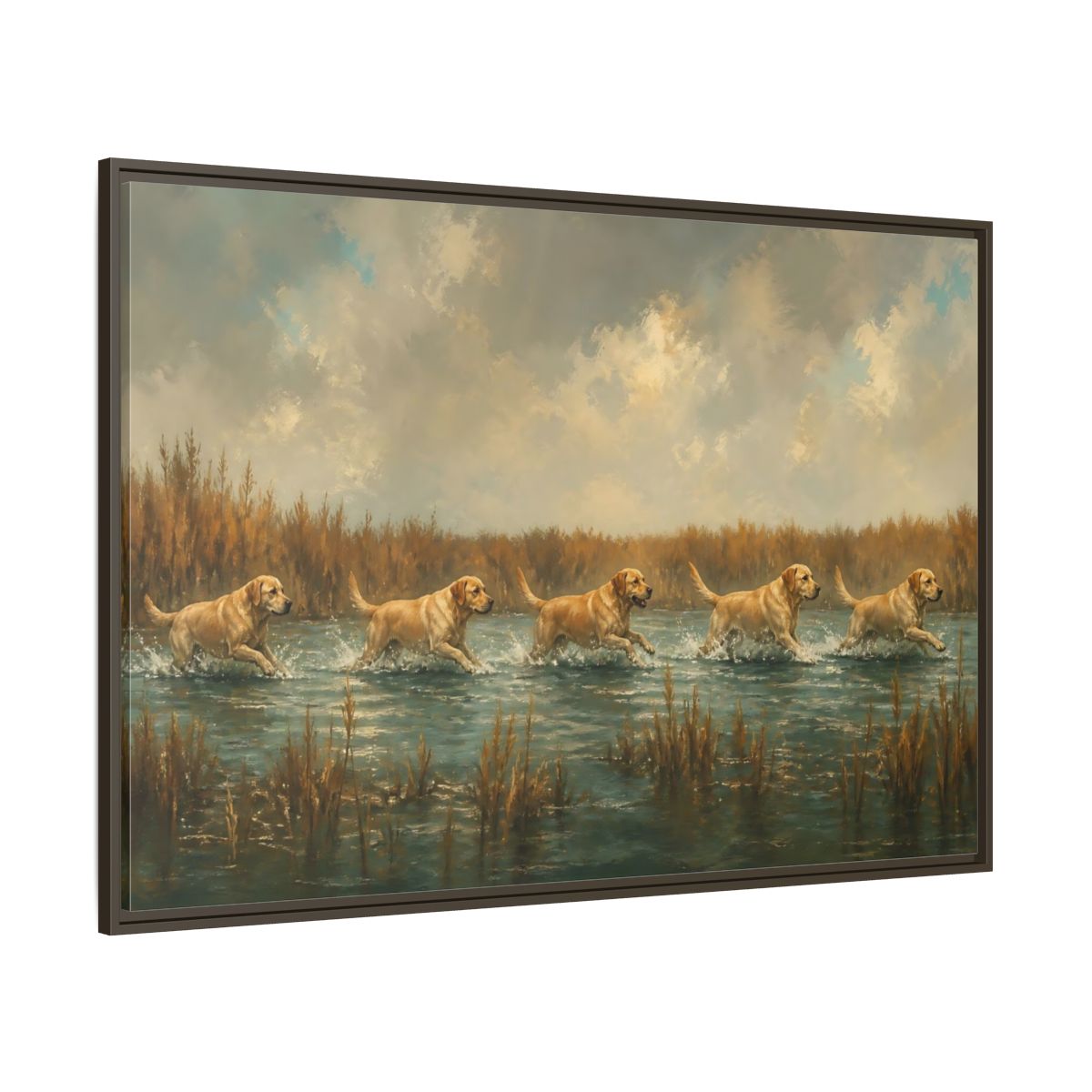 Side Mockup 8. Labradors In Water shown as framed canvas print