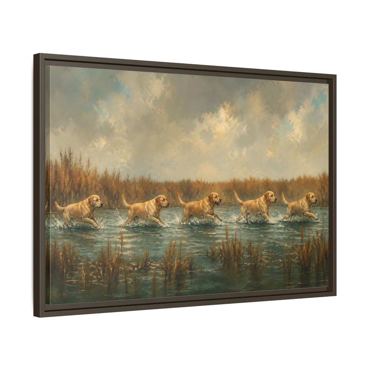 Side Mockup 11. Labradors In Water shown as framed canvas print