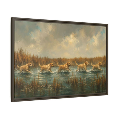Main Mockup. Labradors In Water shown as framed canvas print