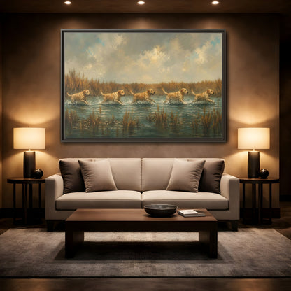 Mockup 2. Labradors In Water shown as framed canvas print