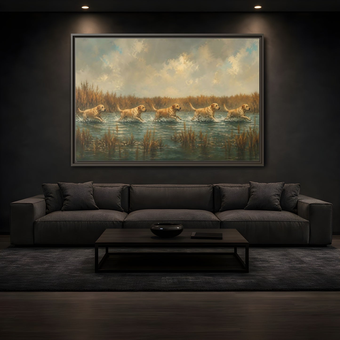 Mockup 3. Labradors In Water shown as framed canvas print