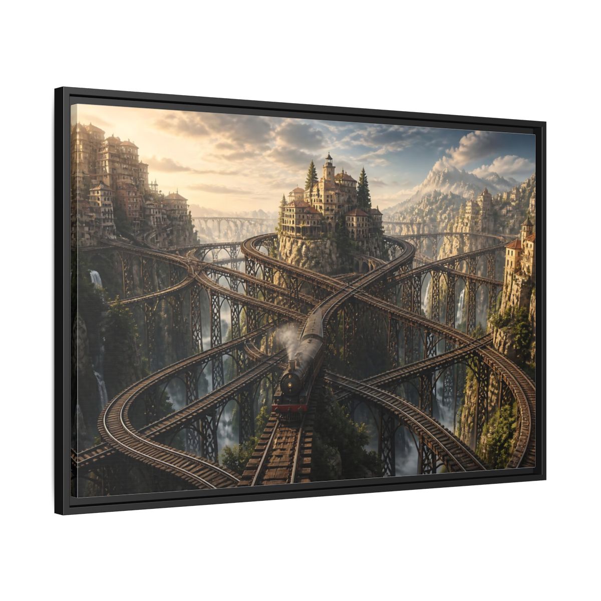 Side Mockup 13. Labyrinth Mountain Railway shown as framed canvas print