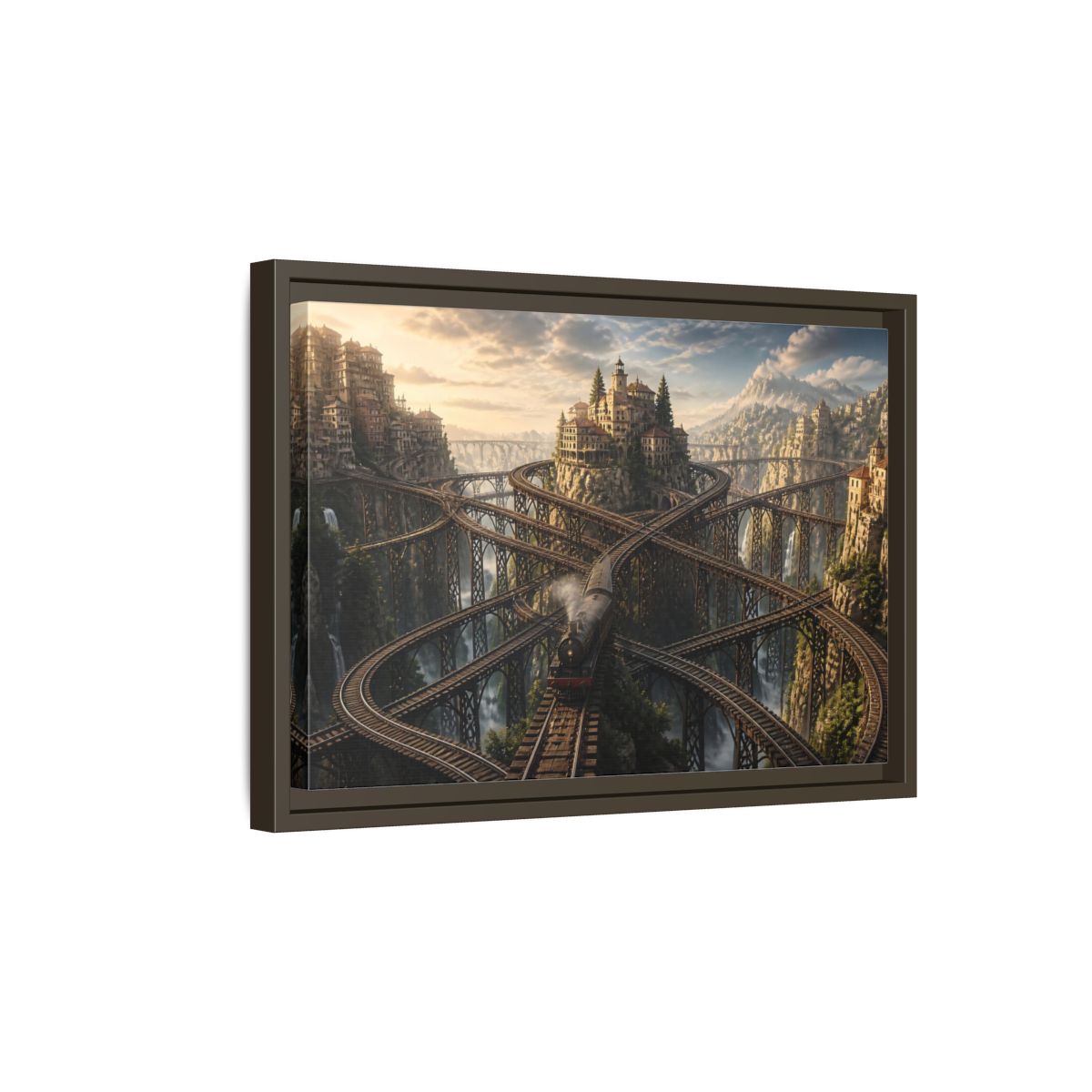Side Mockup 5. Labyrinth Mountain Railway shown as framed canvas print