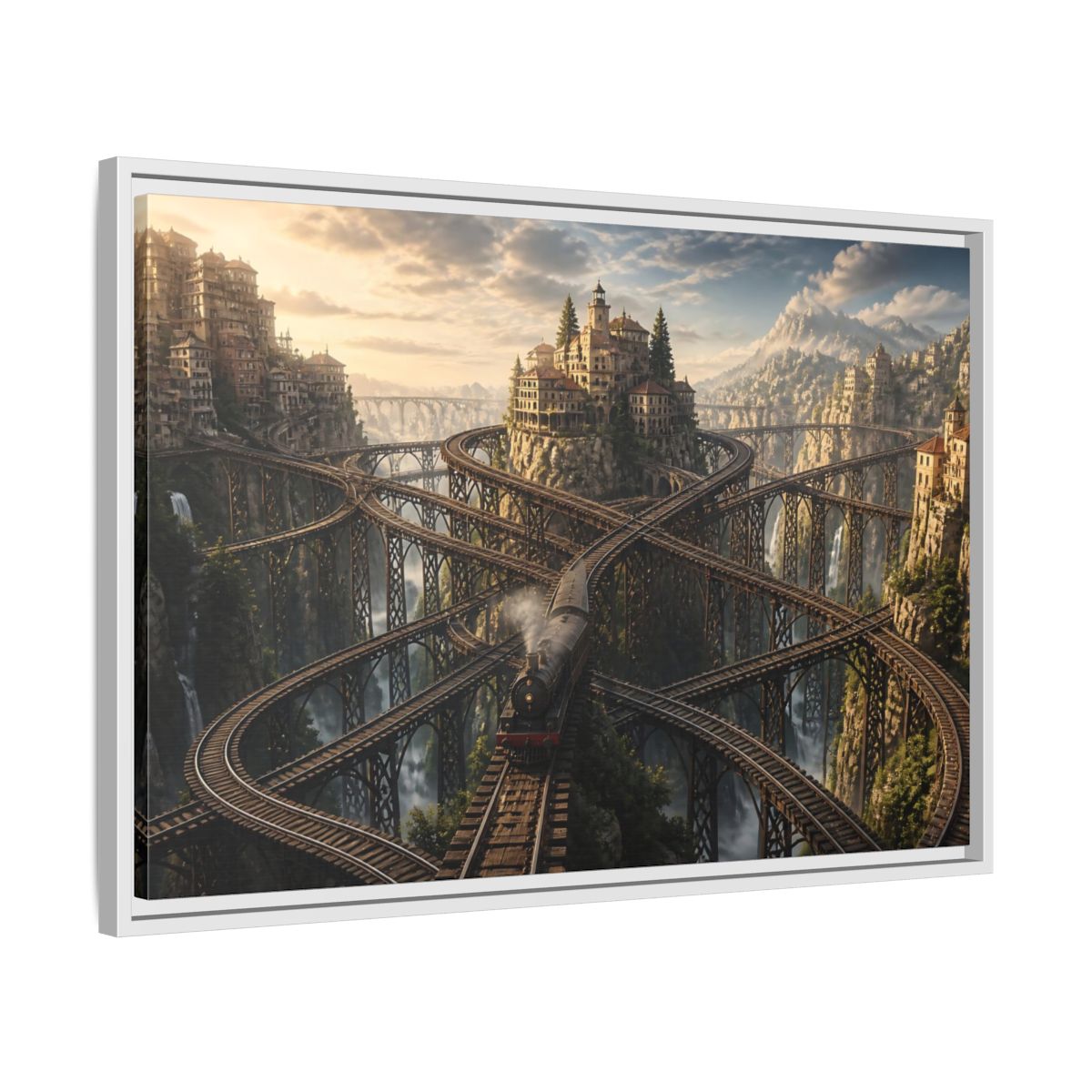 Side Mockup 10. Labyrinth Mountain Railway shown as framed canvas print
