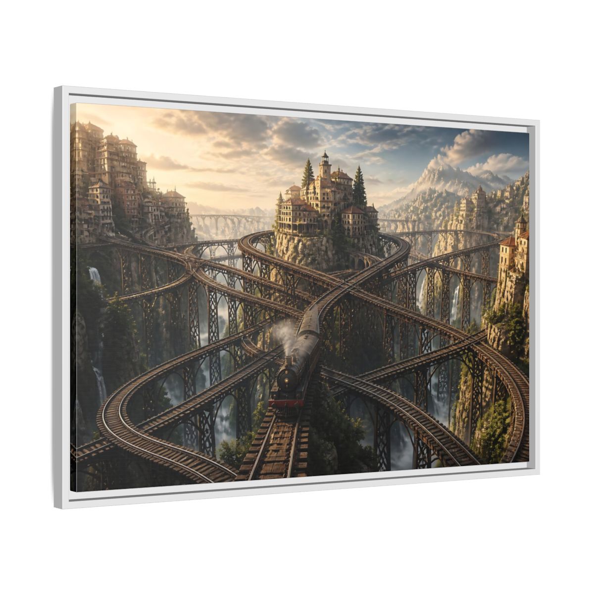 Side Mockup 9. Labyrinth Mountain Railway shown as framed canvas print