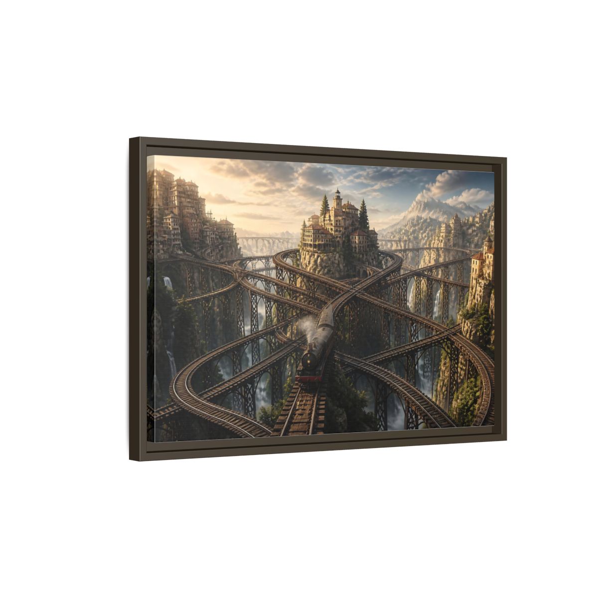 Side Mockup 2. Labyrinth Mountain Railway shown as framed canvas print