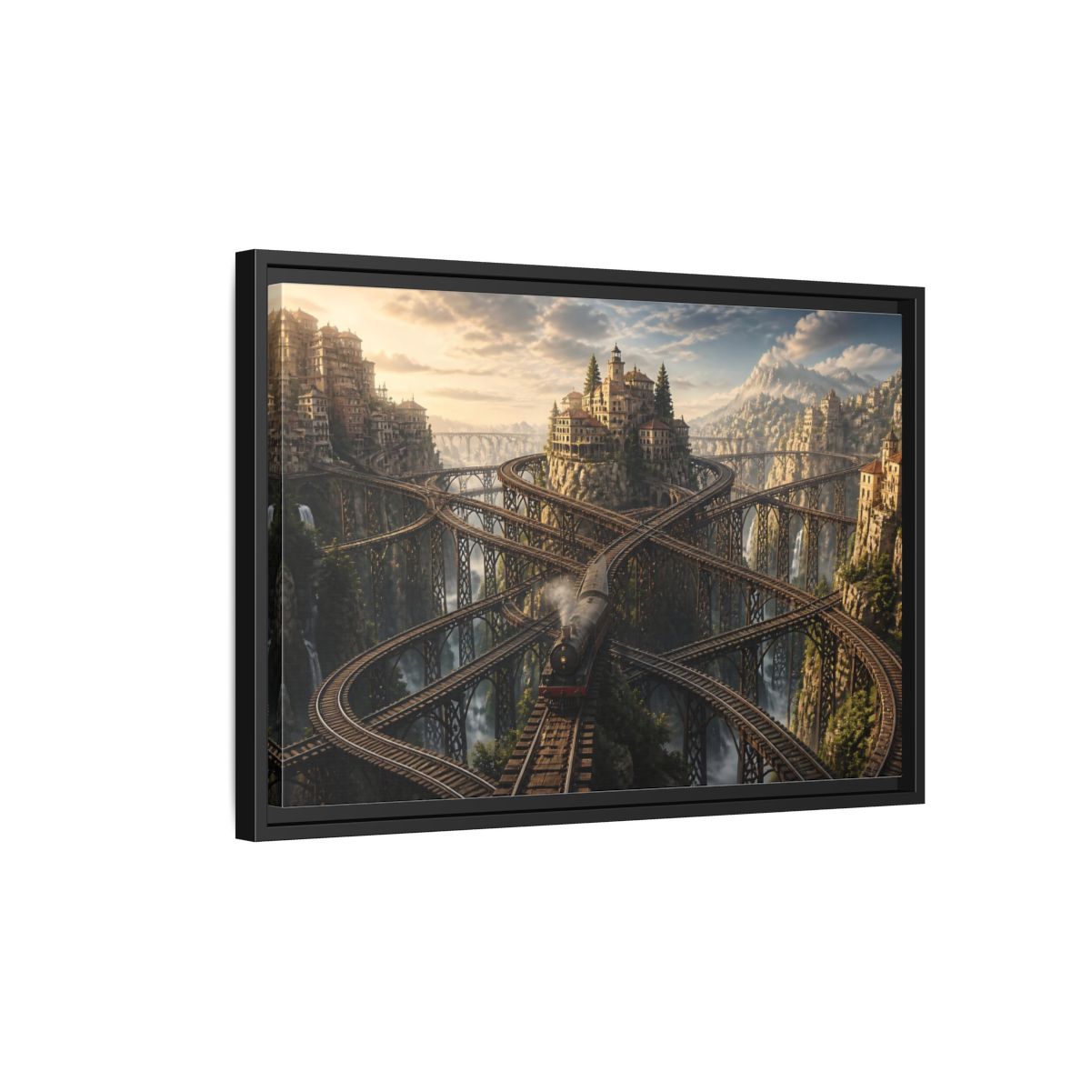 Side Mockup 3. Labyrinth Mountain Railway shown as framed canvas print