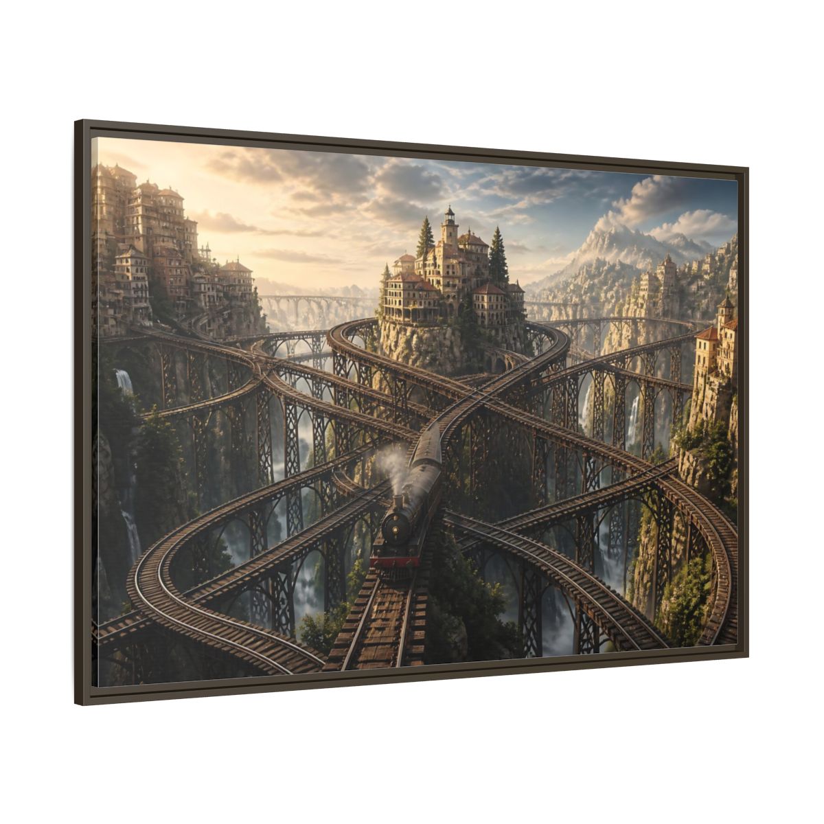 Side Mockup 8. Labyrinth Mountain Railway shown as framed canvas print