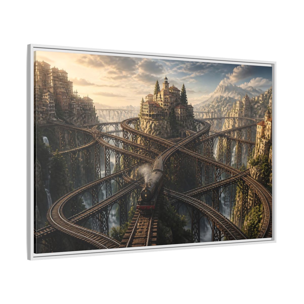 Side Mockup 7. Labyrinth Mountain Railway shown as framed canvas print